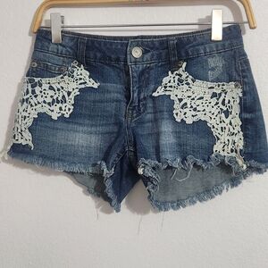 Aeropostale Blue and White Jean Shorts with Lace Accents